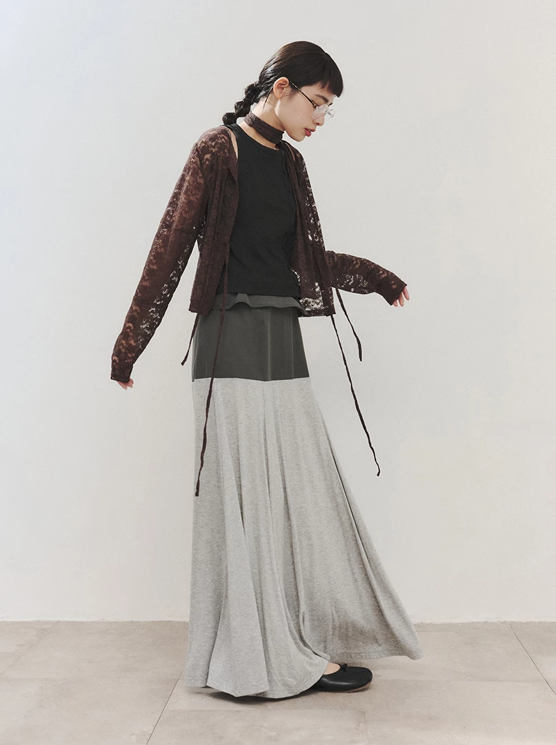 拼接異材質傘狀長裙