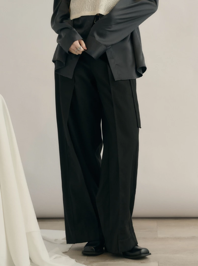 雙腰帶設計直筒西裝褲