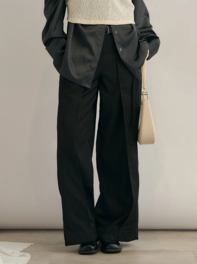 雙腰帶設計直筒西裝褲'