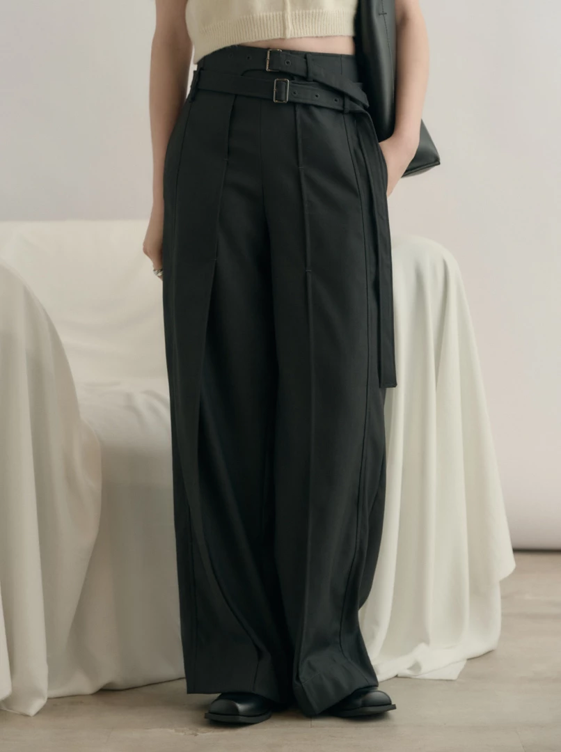 雙腰帶設計直筒西裝褲