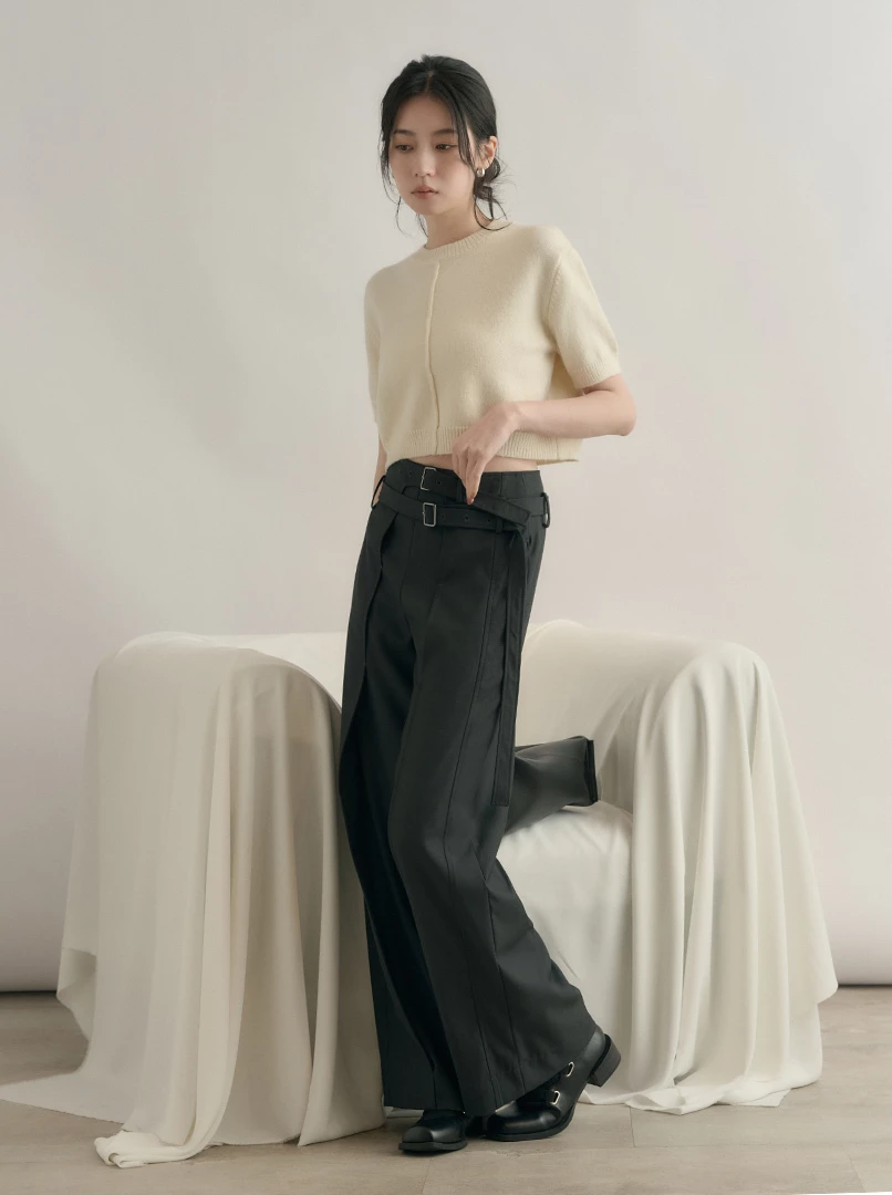 雙腰帶設計直筒西裝褲'