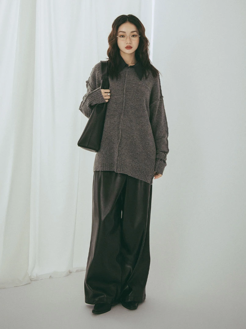 垂墜感皮革寬褲