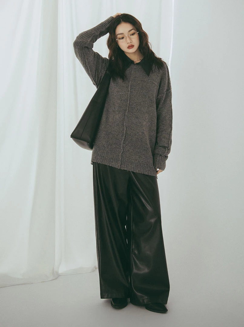 垂墜感皮革寬褲