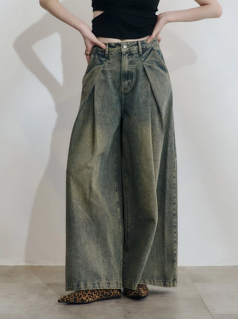 寬版中低腰打摺闊腿褲