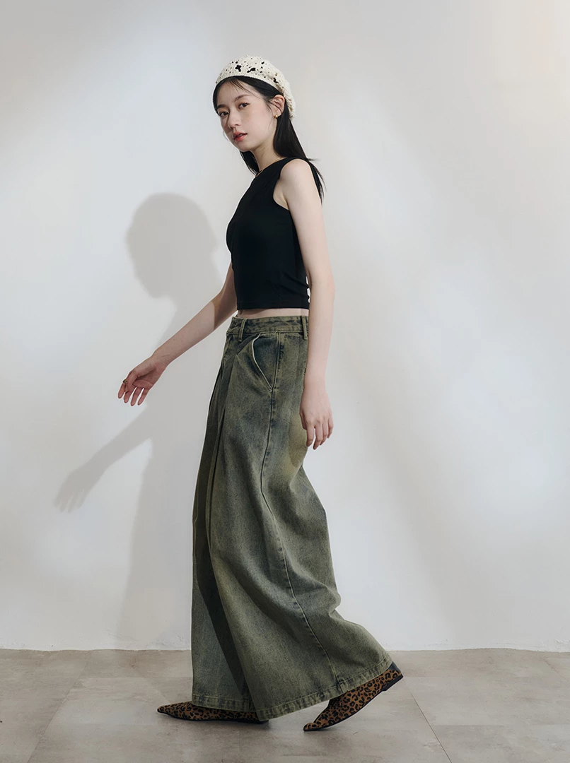 寬版中低腰打摺闊腿褲