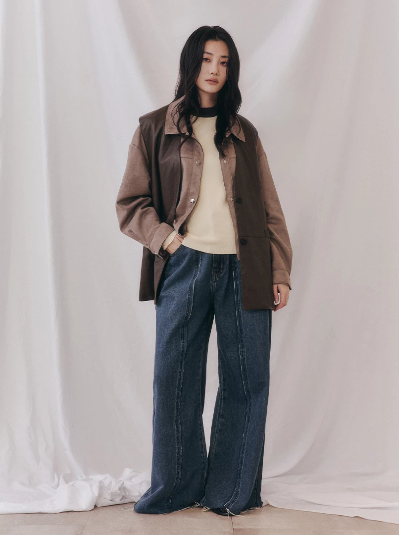 腰頭設計拼布中線牛仔褲