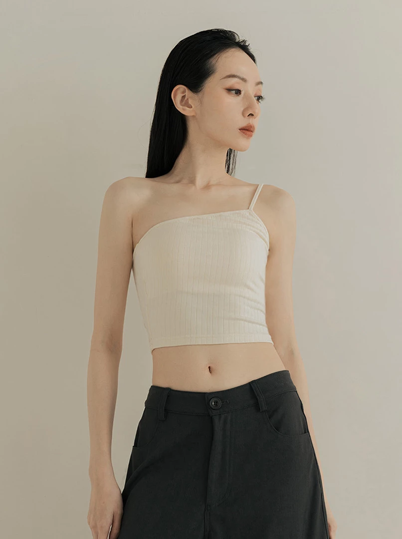 單斜肩坑條Bra Top