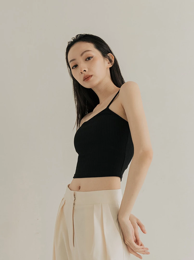 單斜肩坑條Bra Top