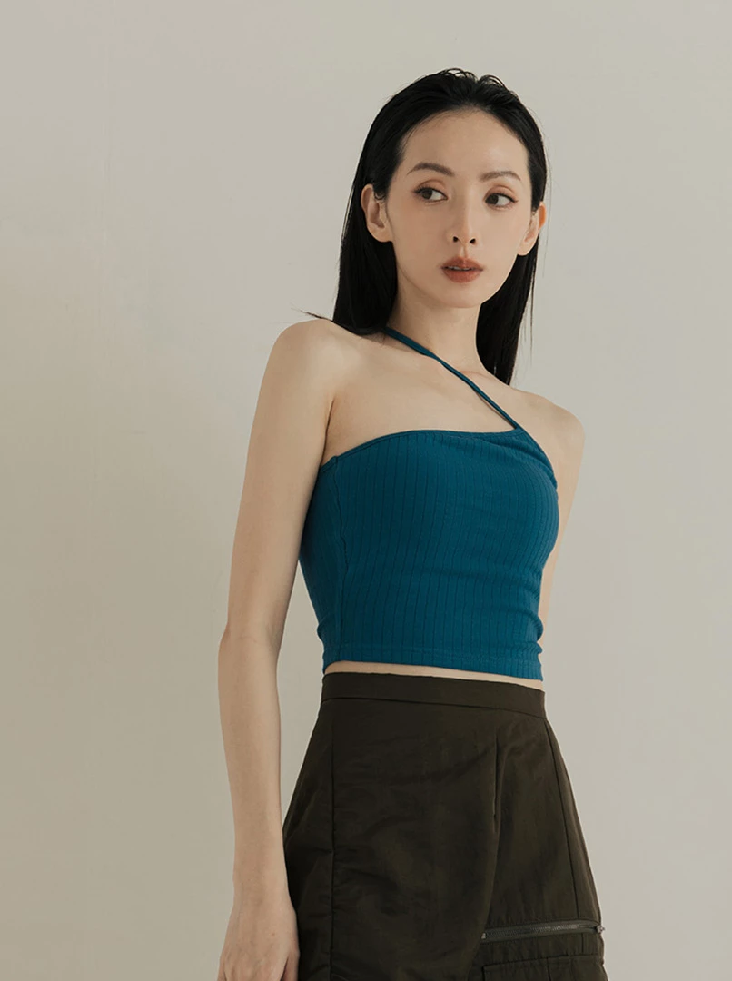 單斜肩坑條Bra Top