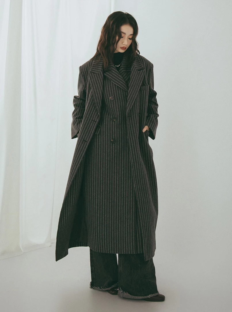 雙領設計條紋毛呢大衣