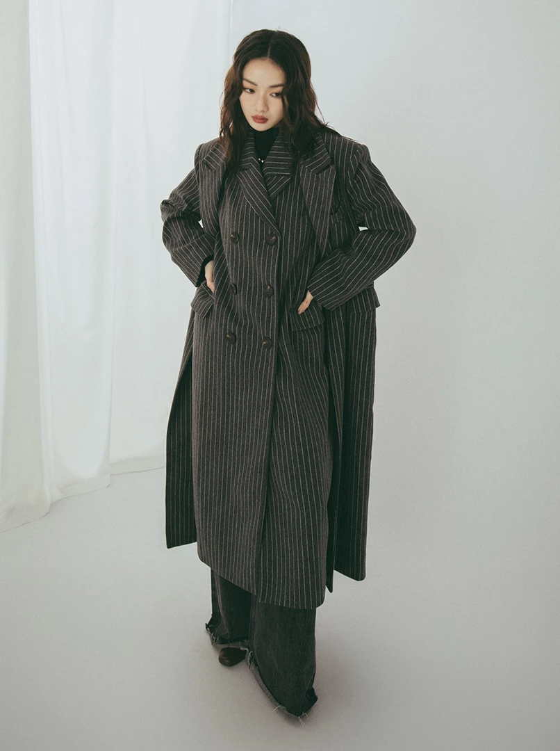 雙領設計條紋毛呢大衣