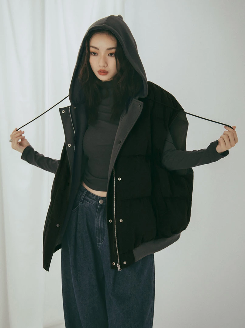 兩穿無袖OV連帽背心'