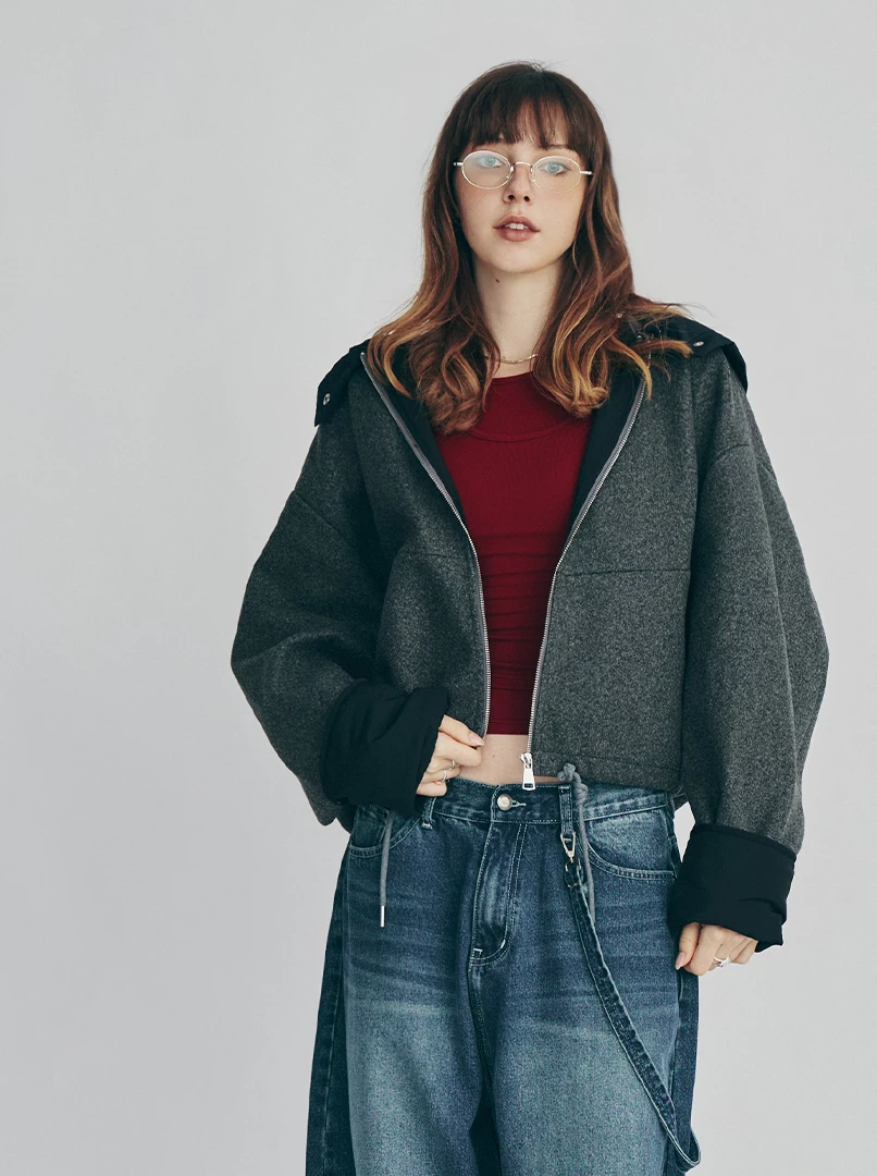 撞色可拆式毛呢外套