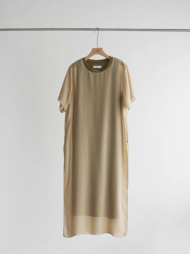 輕雪紡雙面料直筒圓領長洋