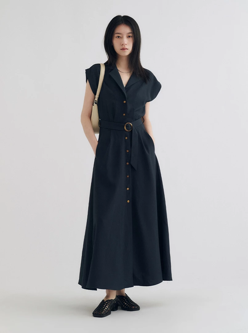 V領收腰襯衣式連衣裙