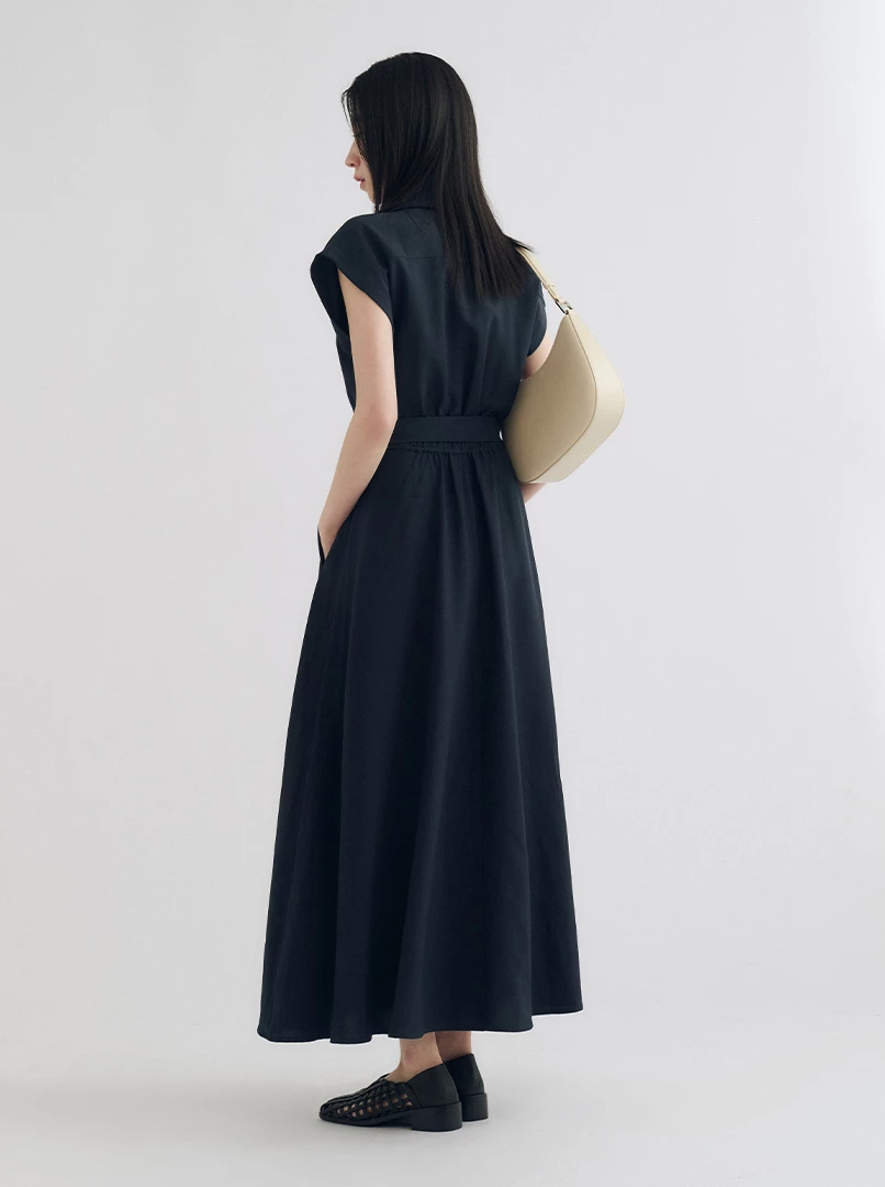 V領收腰襯衣式連衣裙