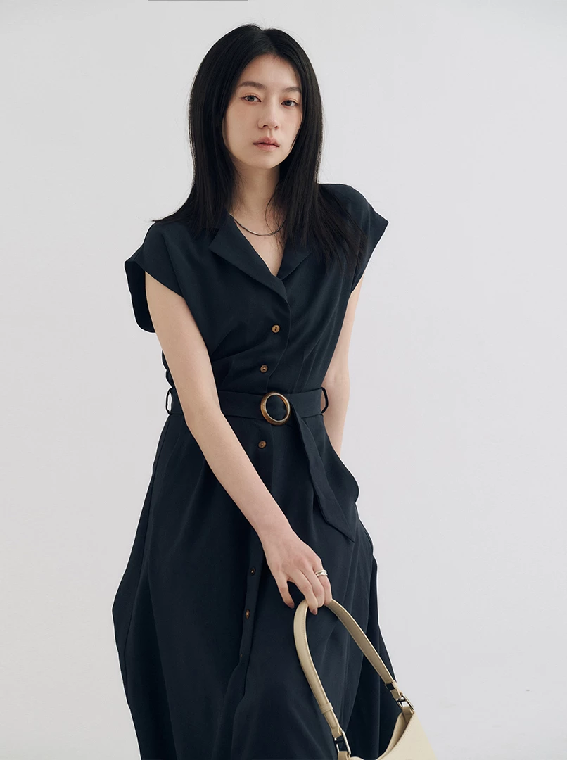 V領收腰襯衣式連衣裙