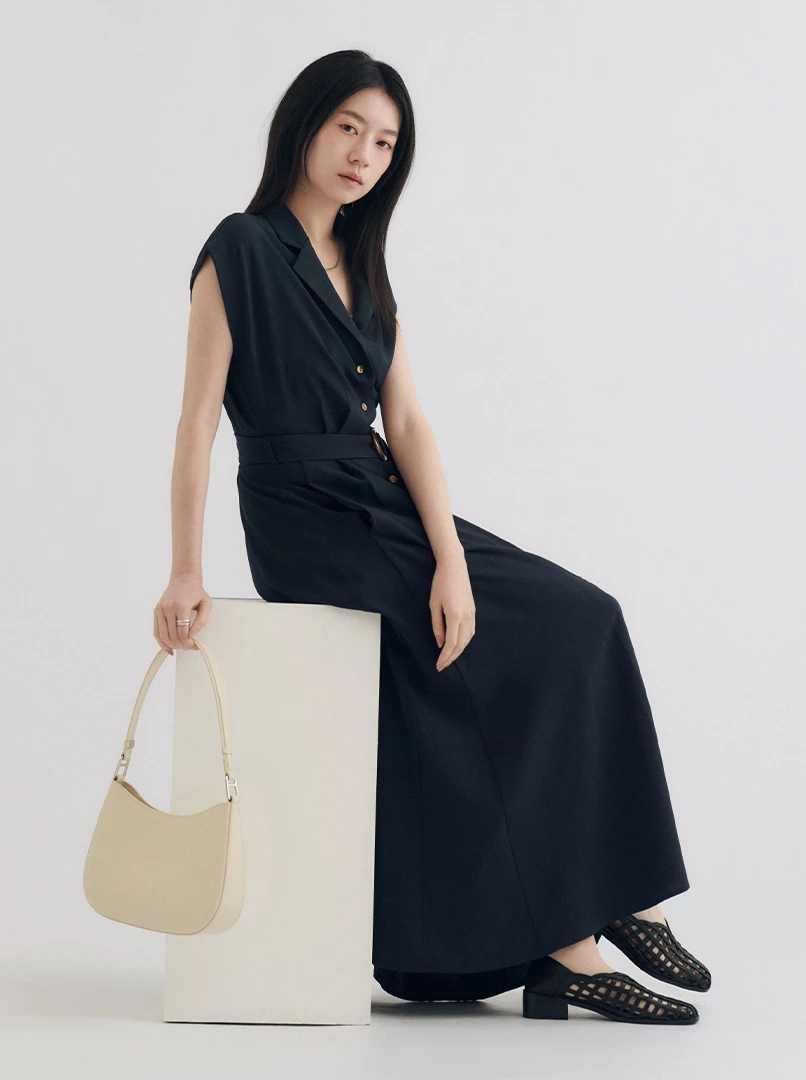 V領收腰襯衣式連衣裙