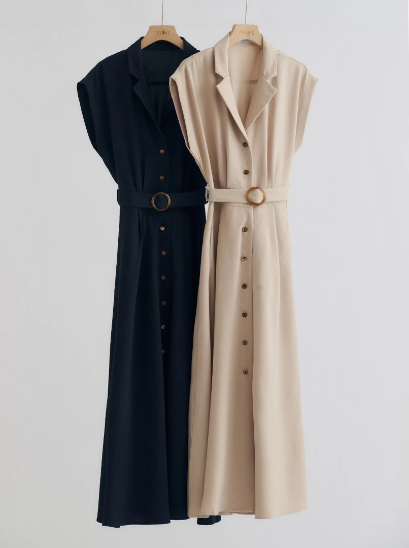 V領收腰襯衣式連衣裙