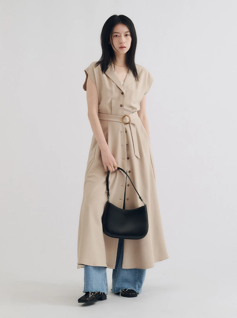 V領收腰襯衣式連衣裙