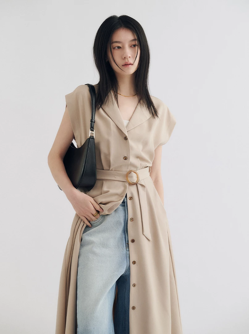 V領收腰襯衣式連衣裙