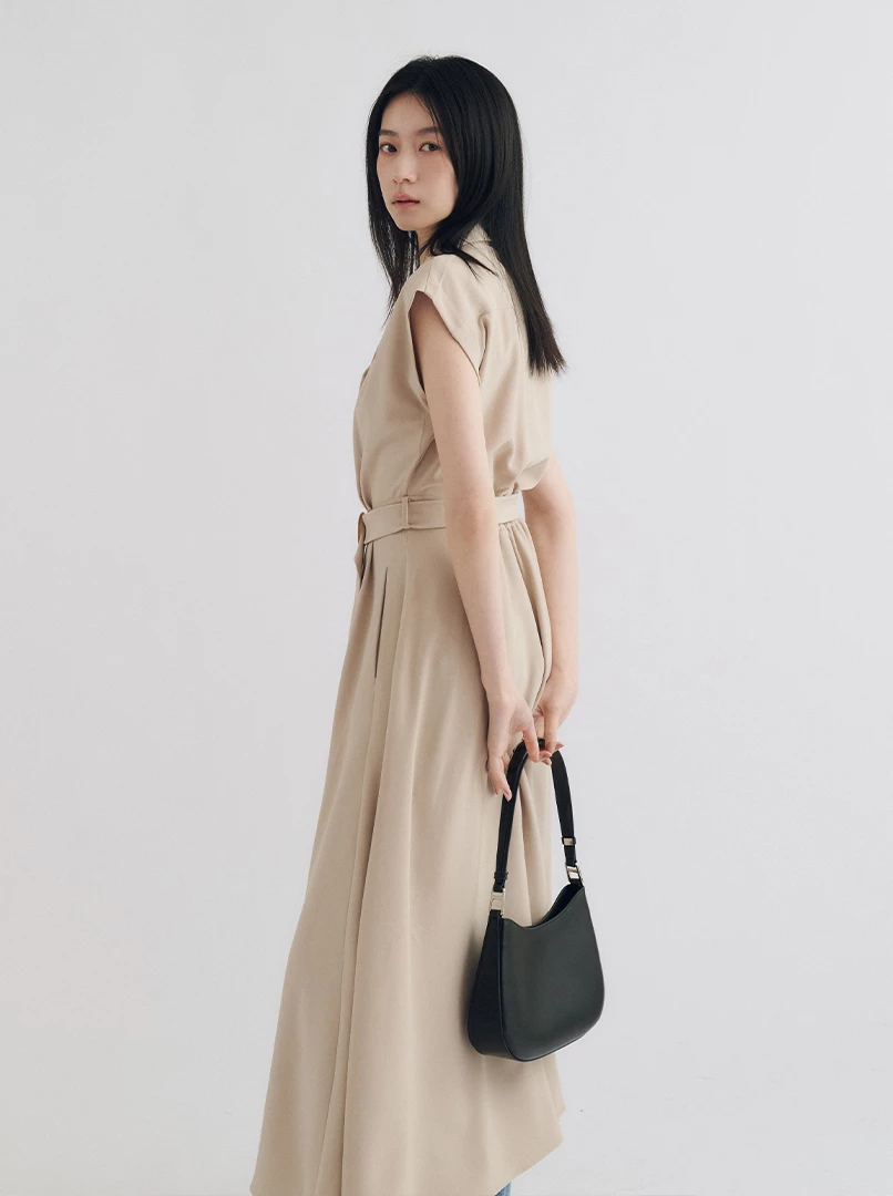 V領收腰襯衣式連衣裙