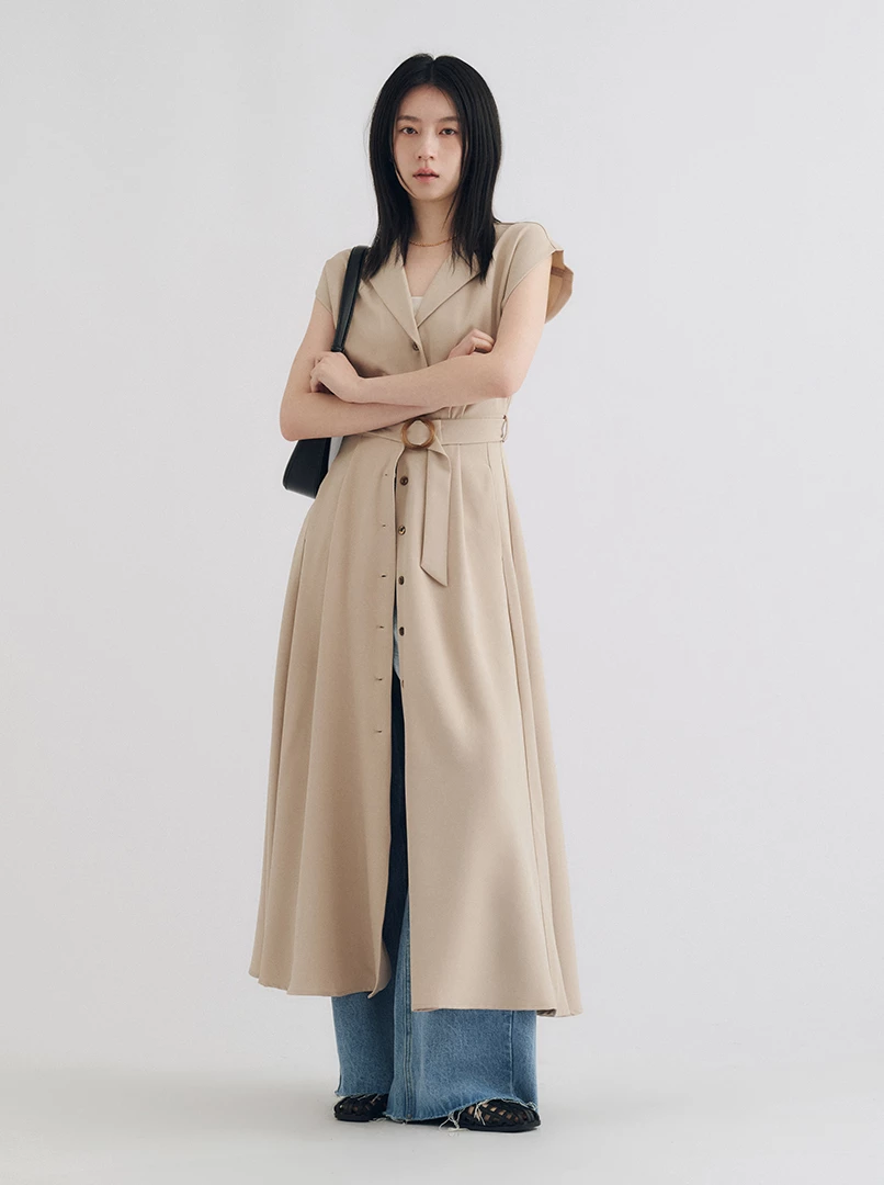 V領收腰襯衣式連衣裙