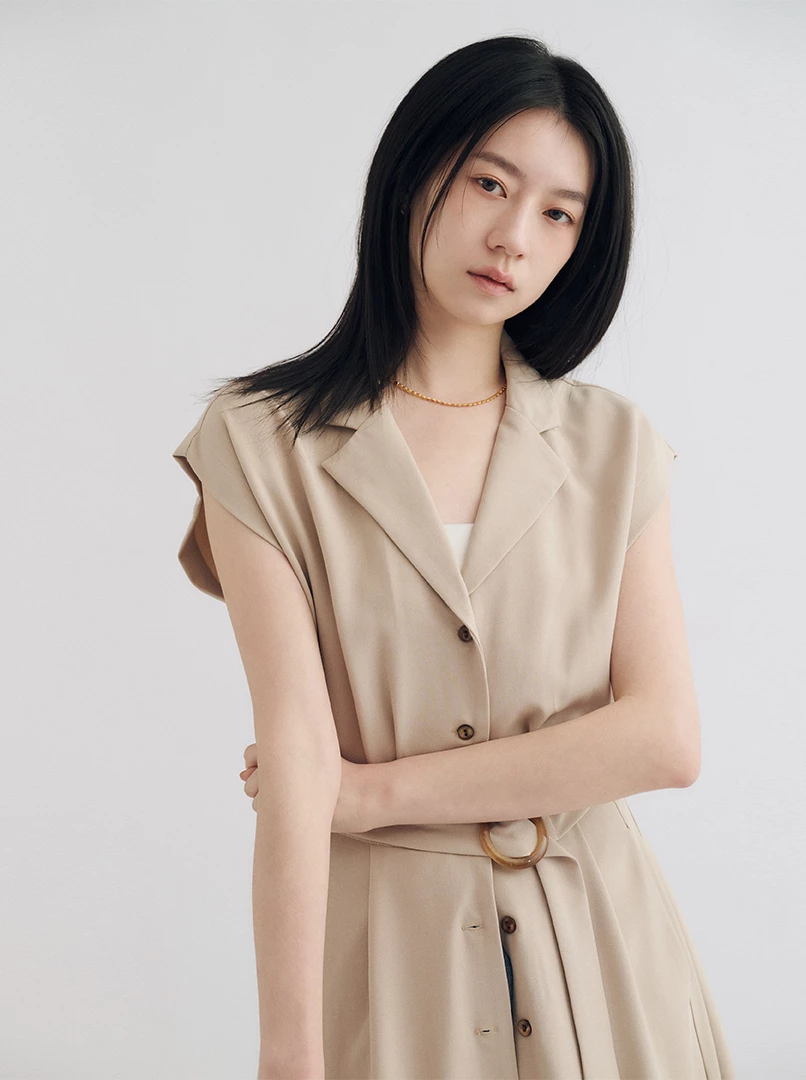 V領收腰襯衣式連衣裙