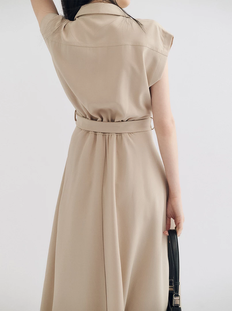 V領收腰襯衣式連衣裙