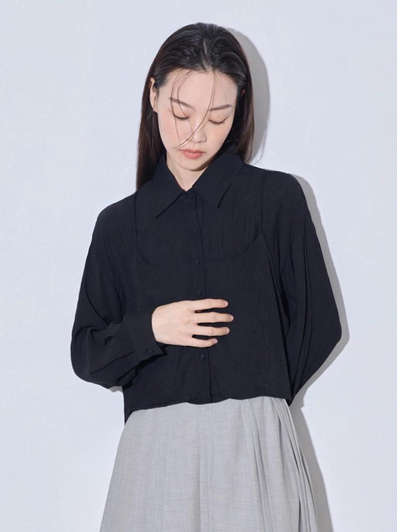 假兩件棉質短襯衫'