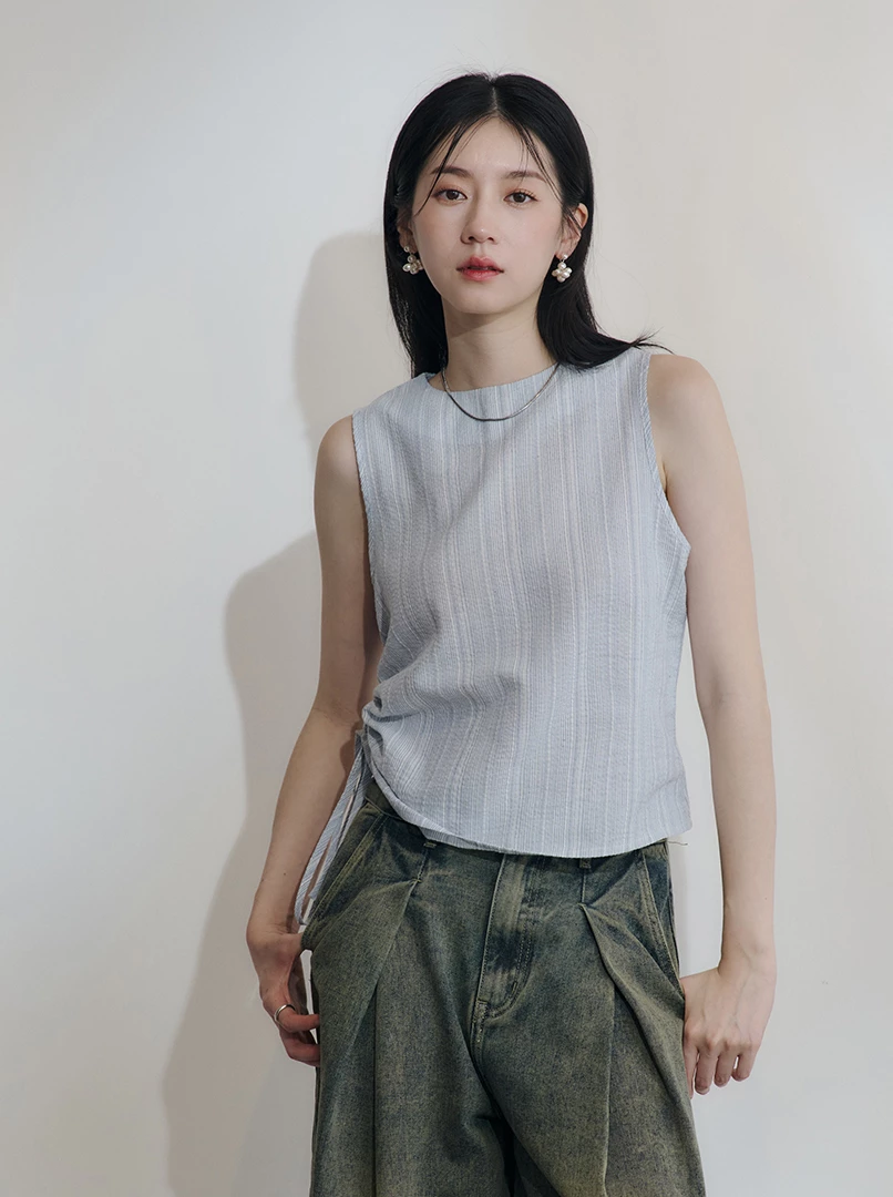 條紋側抽繩背心上衣