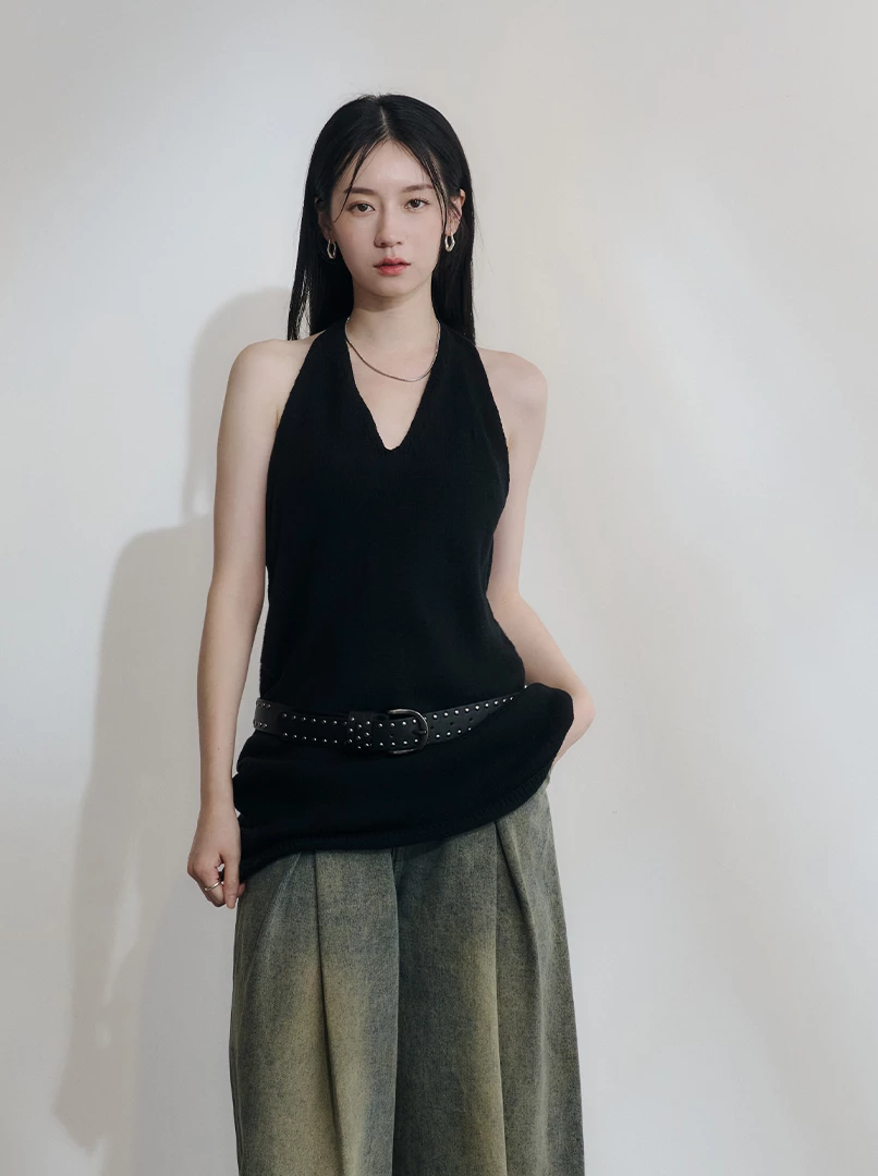 V領綁帶露背針織上衣