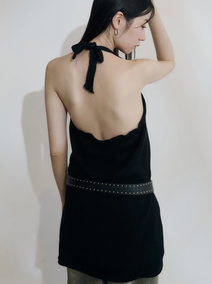 V領綁帶露背針織上衣