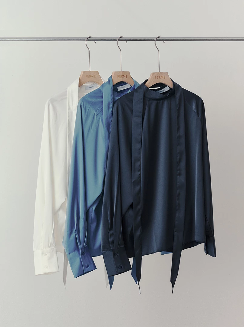 光澤感立領綁帶上衣