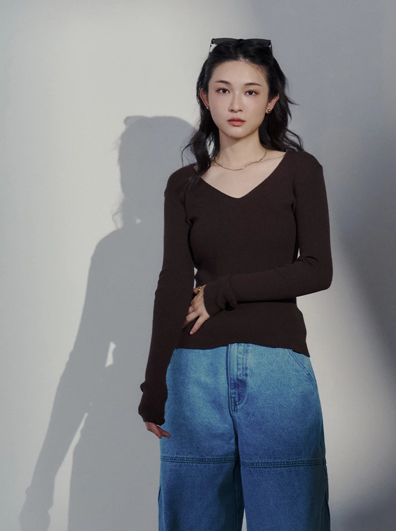 V領毛料長袖上衣
