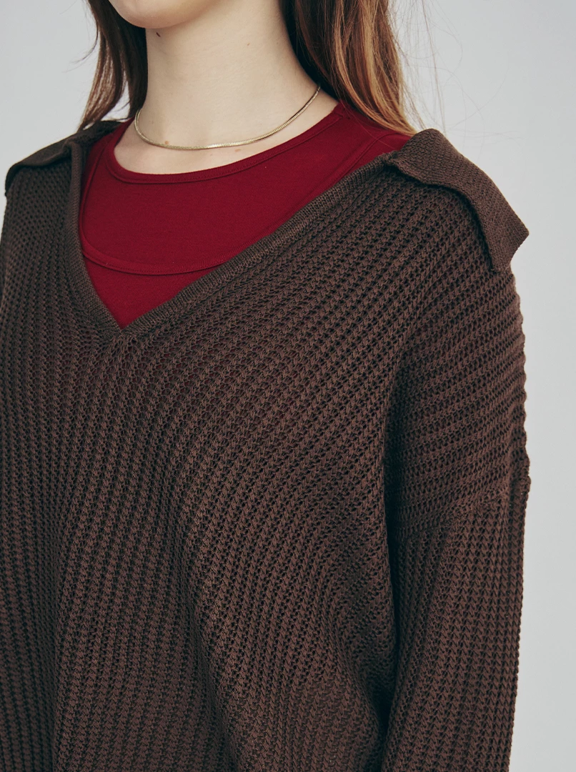 翻領鏤空感長袖針織衫