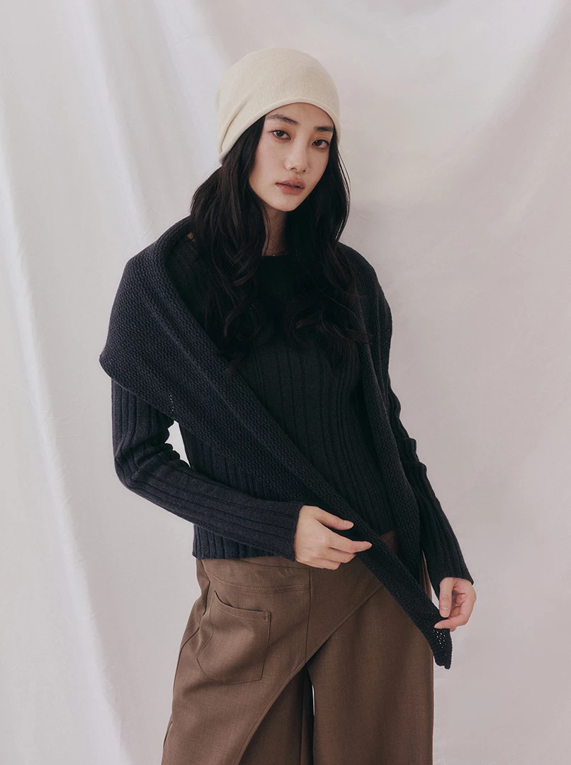 舒適針織直紋毛衣(附披肩)