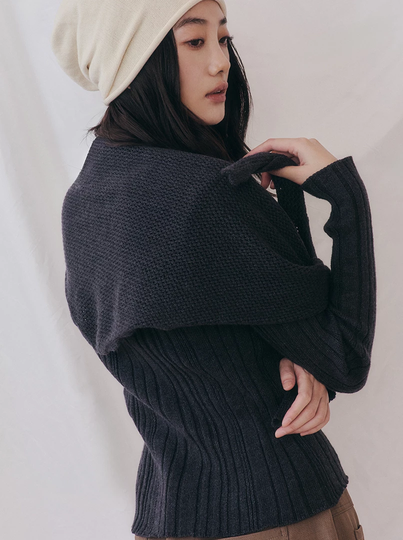 舒適針織直紋毛衣(附披肩)