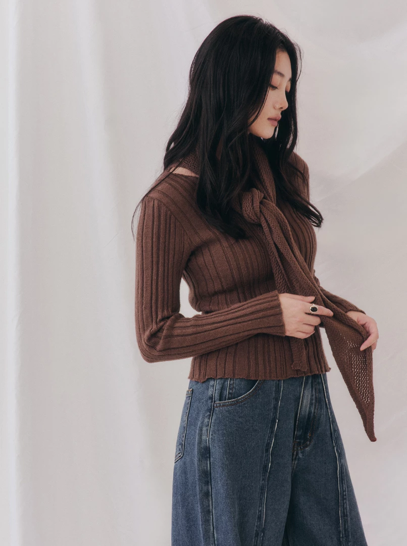 舒適針織直紋毛衣(附披肩)