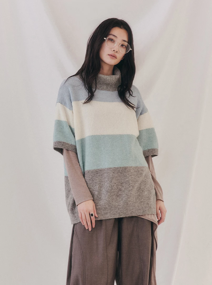 寬條配色短袖針織毛衣