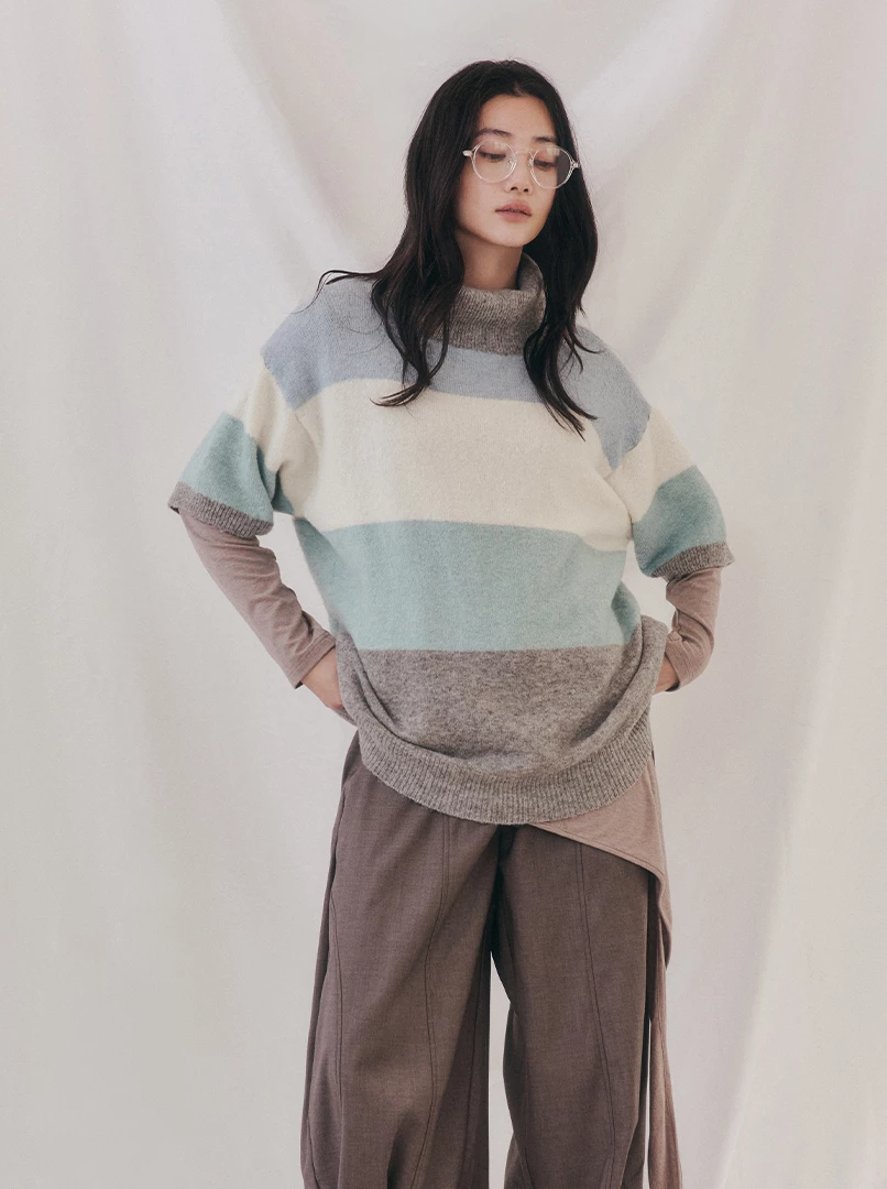 寬條配色短袖針織毛衣