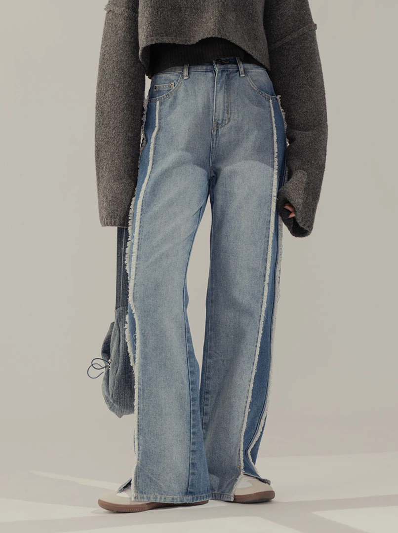 下擺開岔毛邊牛仔褲