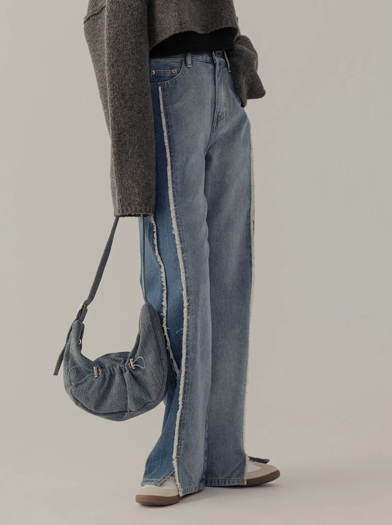 下擺開岔毛邊牛仔褲