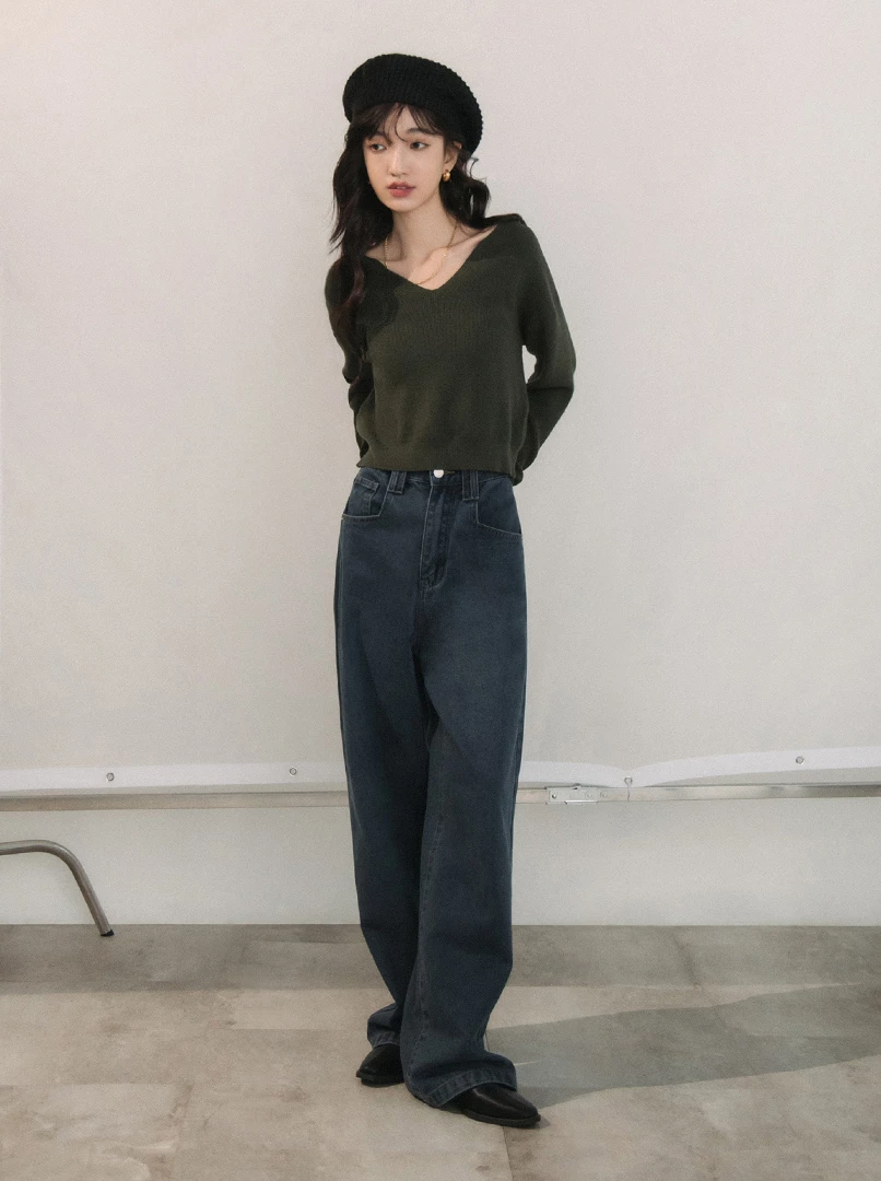 水彩灰牛仔落地褲