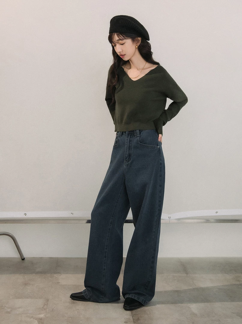 水彩灰牛仔落地褲