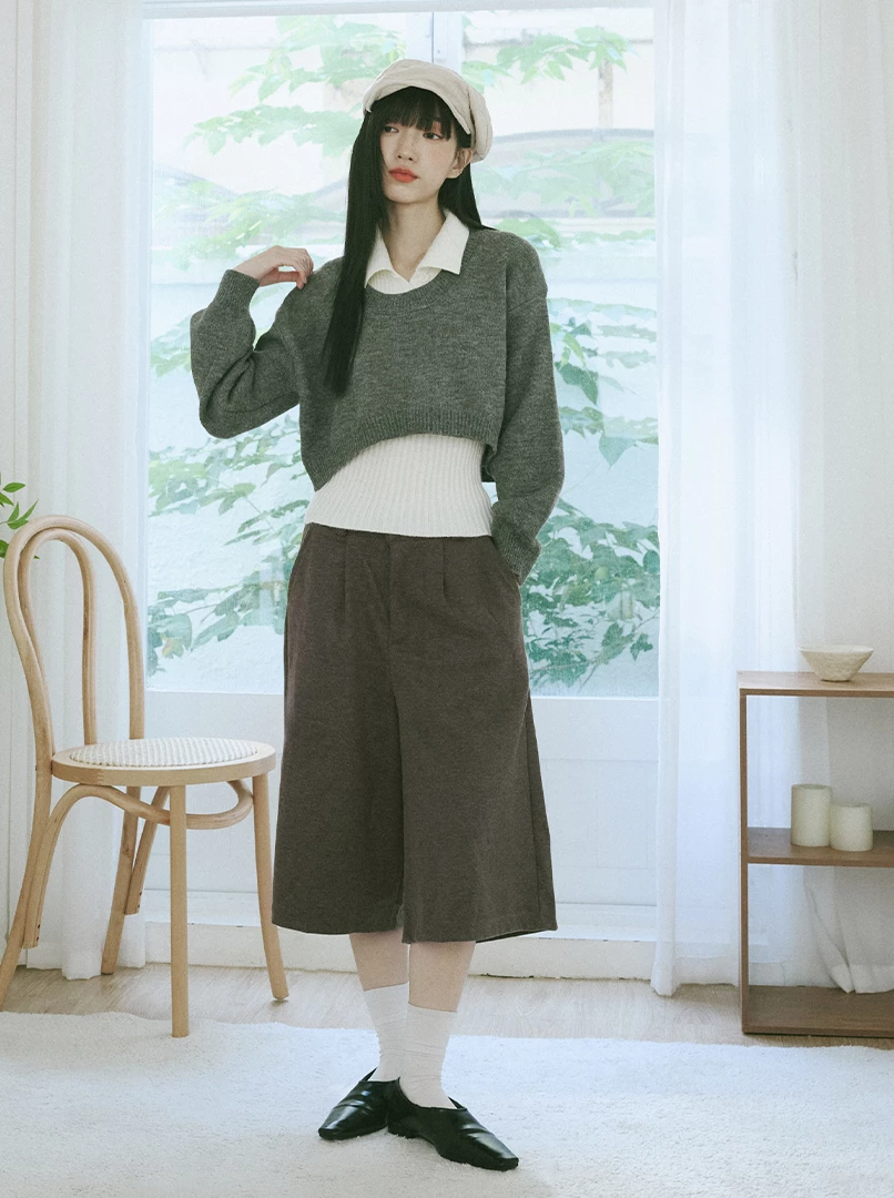 毛呢高腰七分闊腿褲