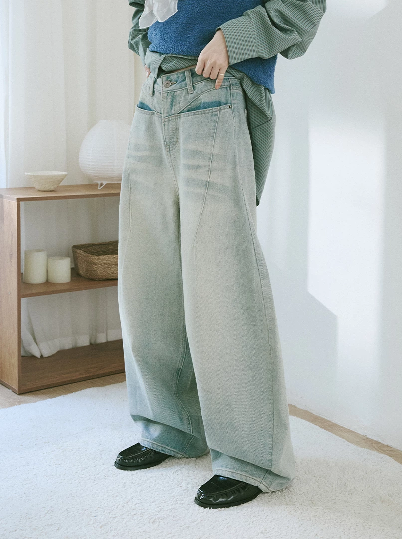 仿舊磨白弧型牛仔褲