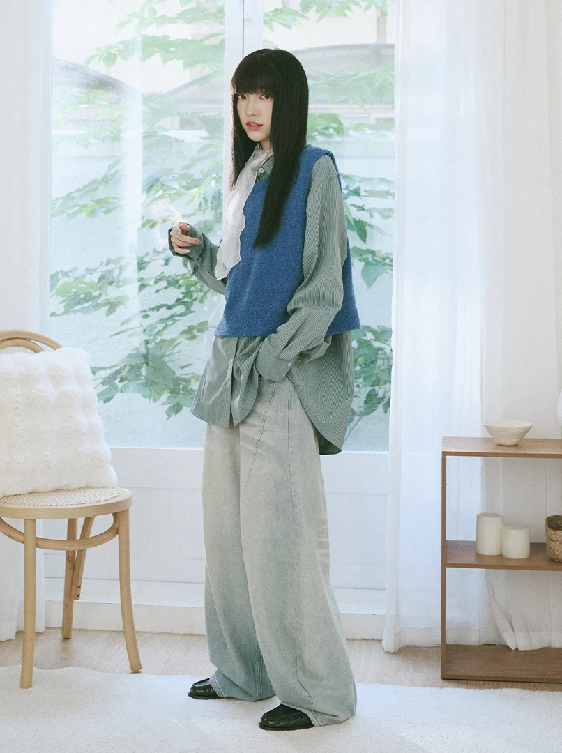 仿舊磨白弧型牛仔褲