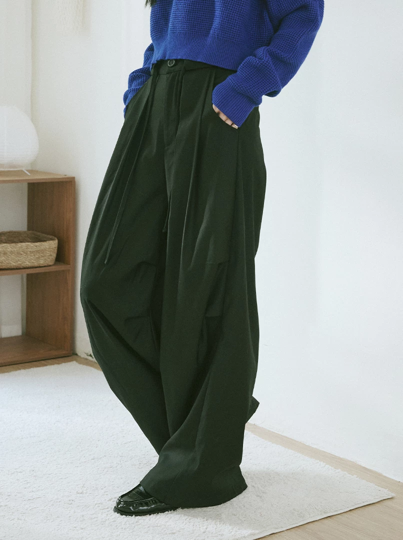 綁帶褶皺挺版西裝褲