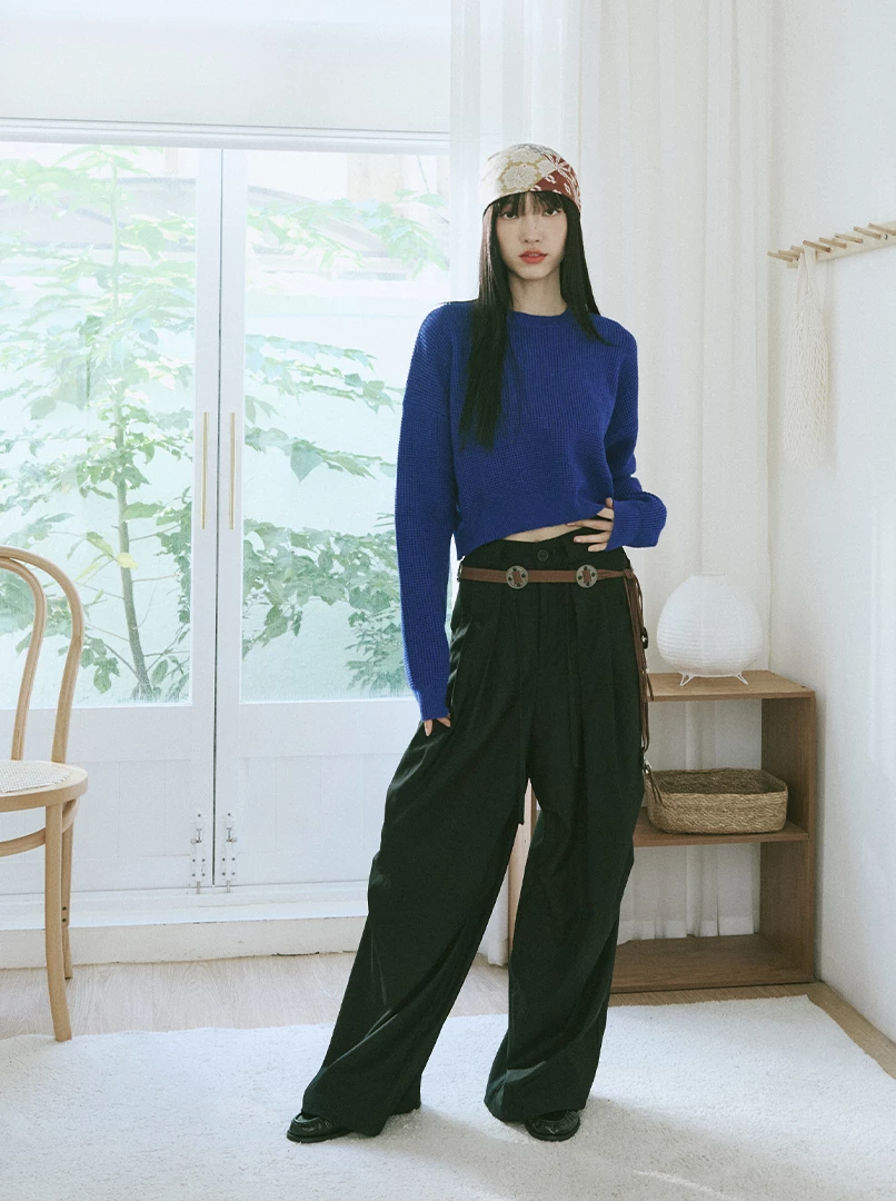 綁帶褶皺挺版西裝褲